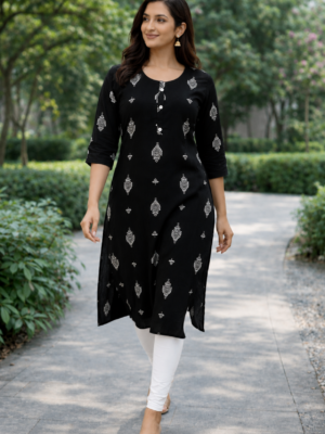 Midnight Grace Black Printed Straight Kurta