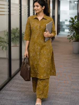 Golden Olive Floral Kurti Set