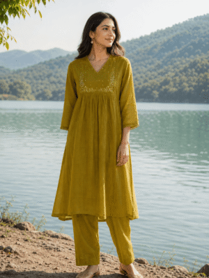 Golden Olive Grace Mul Chanderi Kurti Set