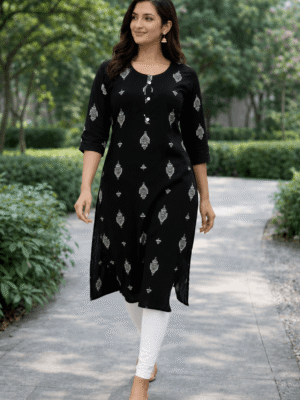 Midnight Grace Black Printed Straight Kurti