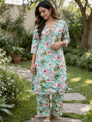 Mint Blossom Mul Cotton Kurti Set